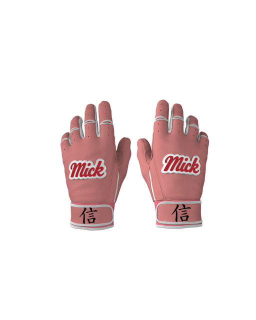 Pink gloves with 'Mick' branding on a white background